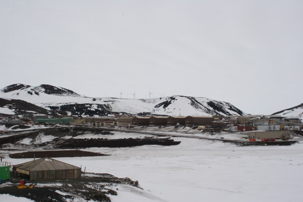 McMurdo Station, as viewed from Hut Point.  Scott's Hut is in the foreground, left side.  